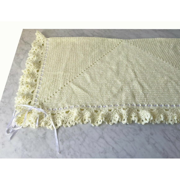 Baby Blanket Afghan Hand Knit Crocheted Soft Yellow with White Ribbon Homemade - Picture 4 of 11